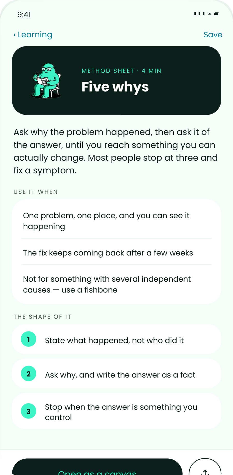 A myopx canvas on a phone, showing a method sheet ready to read and comment on