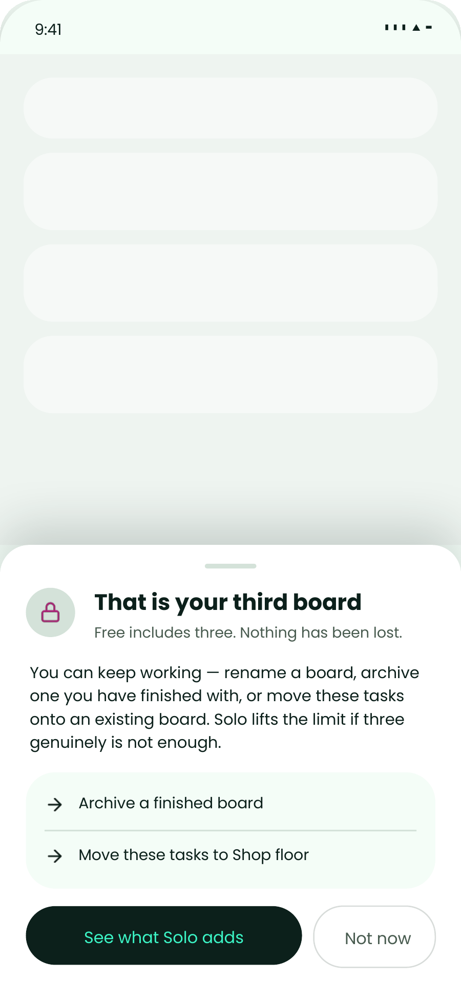The myopx cap-met sheet on a phone, explaining what changes on a paid plan without a buy button