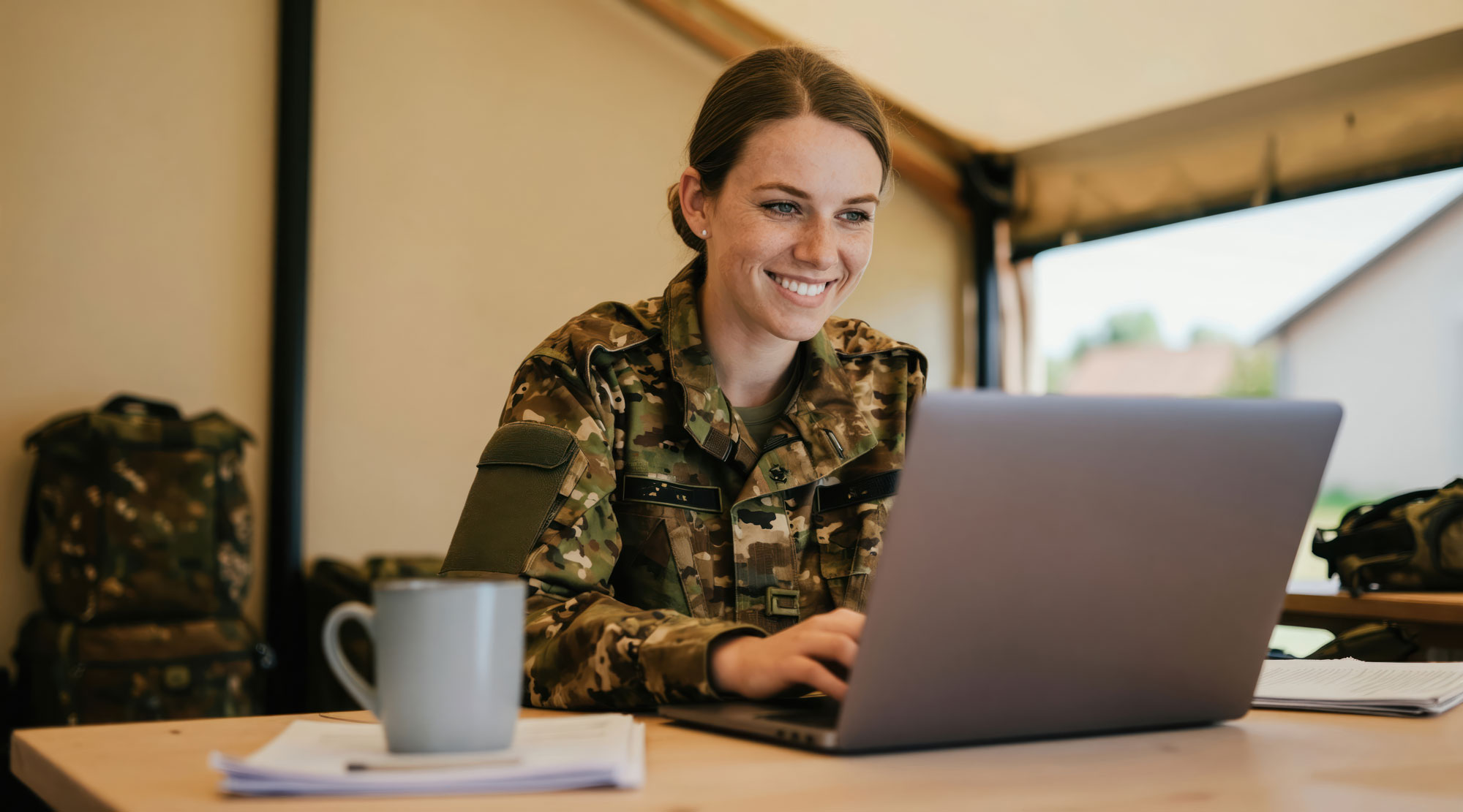 Service member working on a laptop in a field operations tent