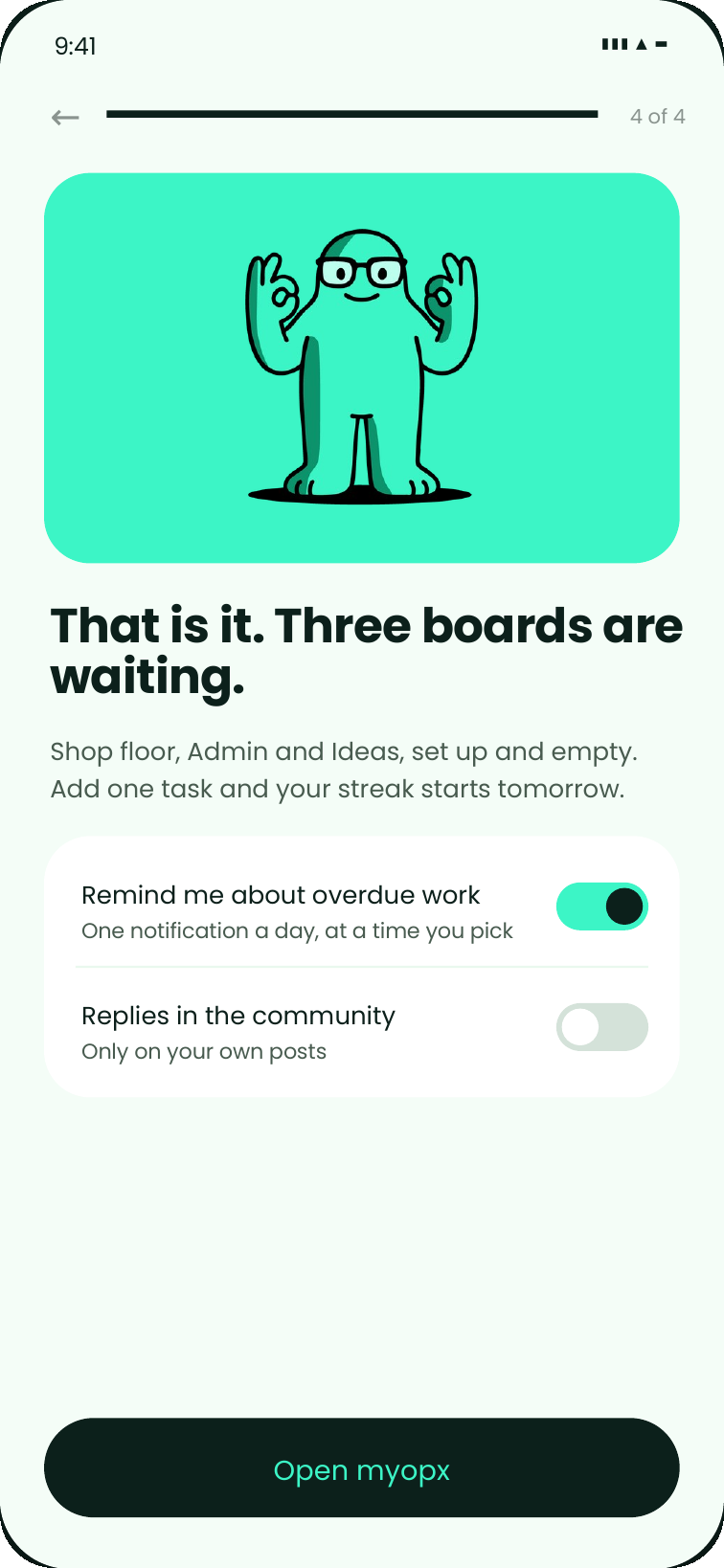 The final myopx onboarding screen on a phone, confirming the account is ready to use