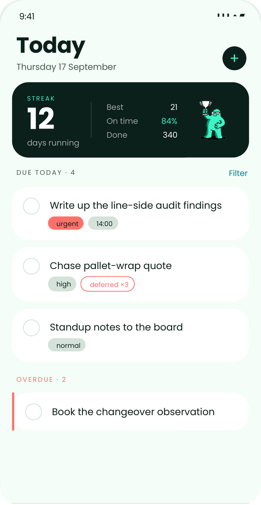 The myopx Today screen on a phone, listing the tasks due today with what keeps slipping