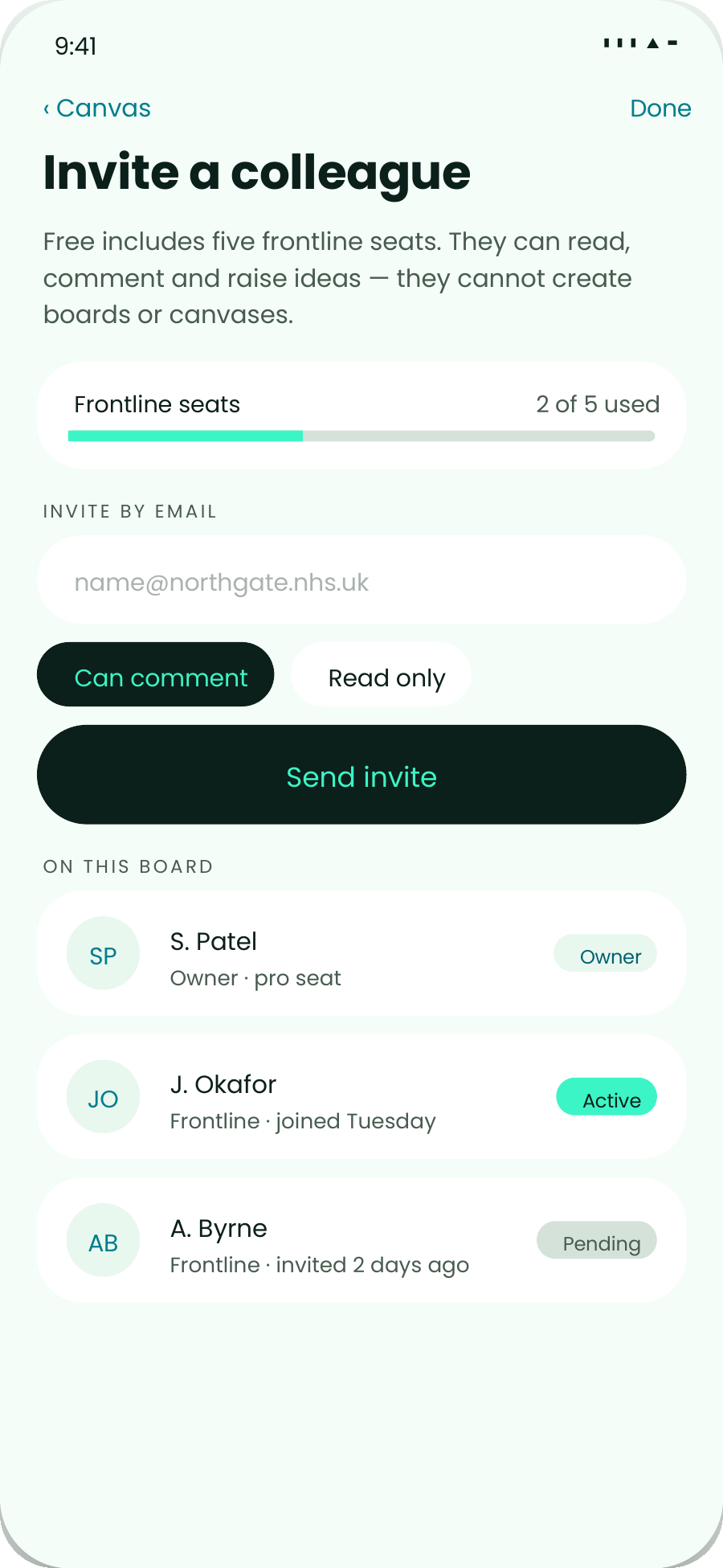 The myopx share sheet on a phone, inviting a frontline colleague to a board