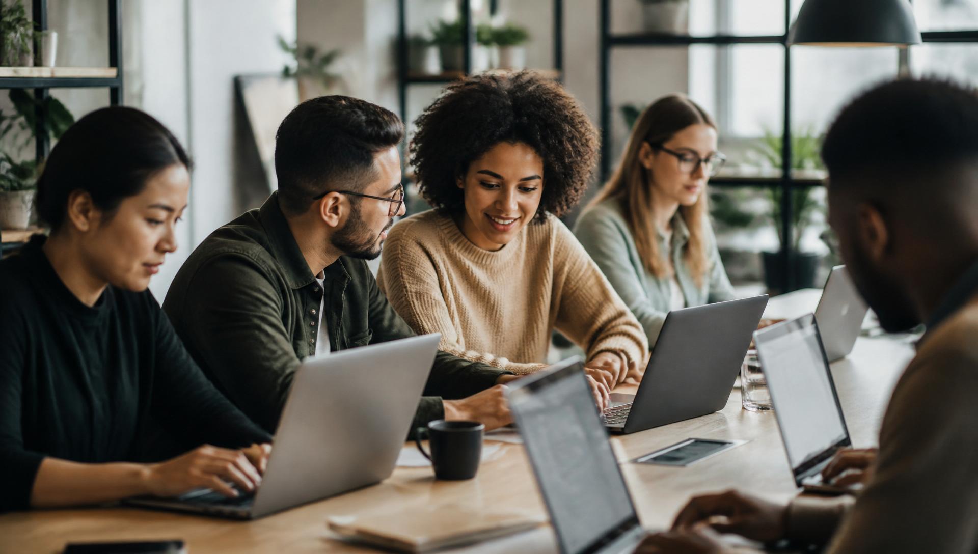 People working together on laptops in a modern office