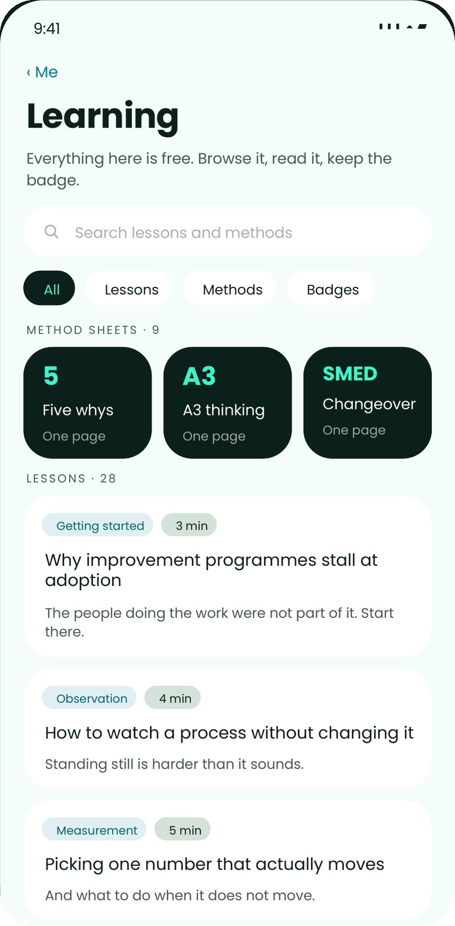 The myopx learning screen on a phone, listing short lessons and method sheets