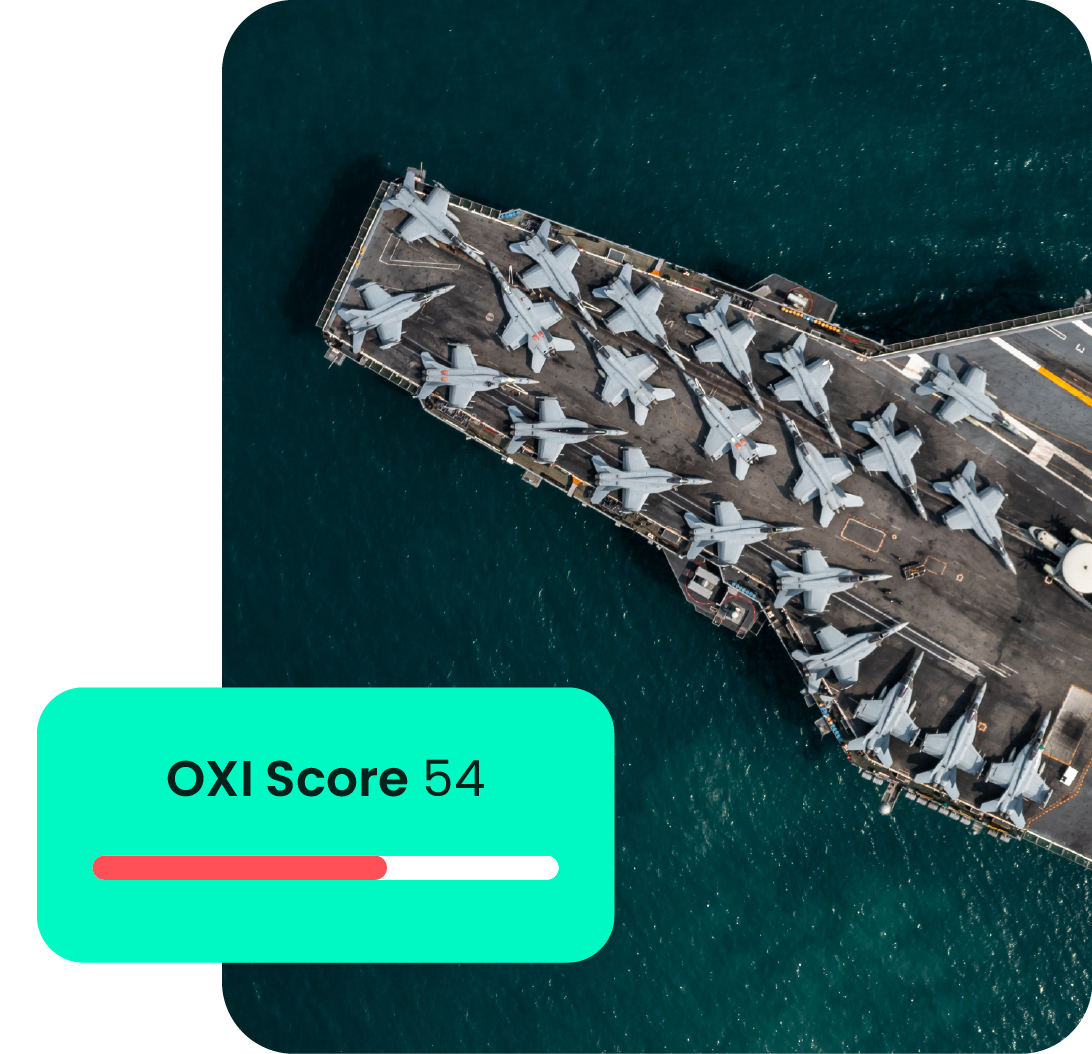 Aerial view of an aircraft carrier deck with an OXI Score card overlay