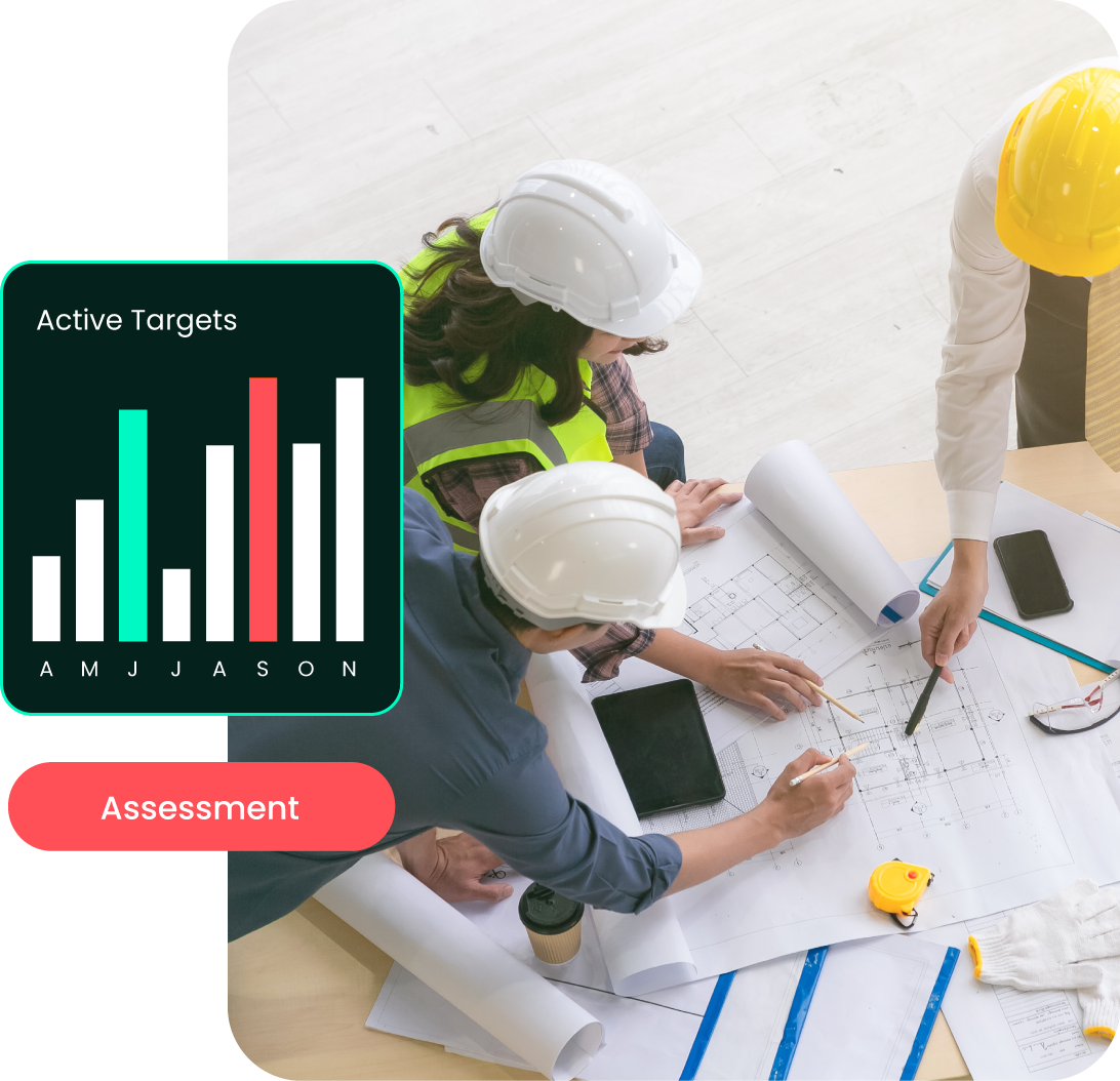 Construction team reviewing blueprints with active targets dashboard