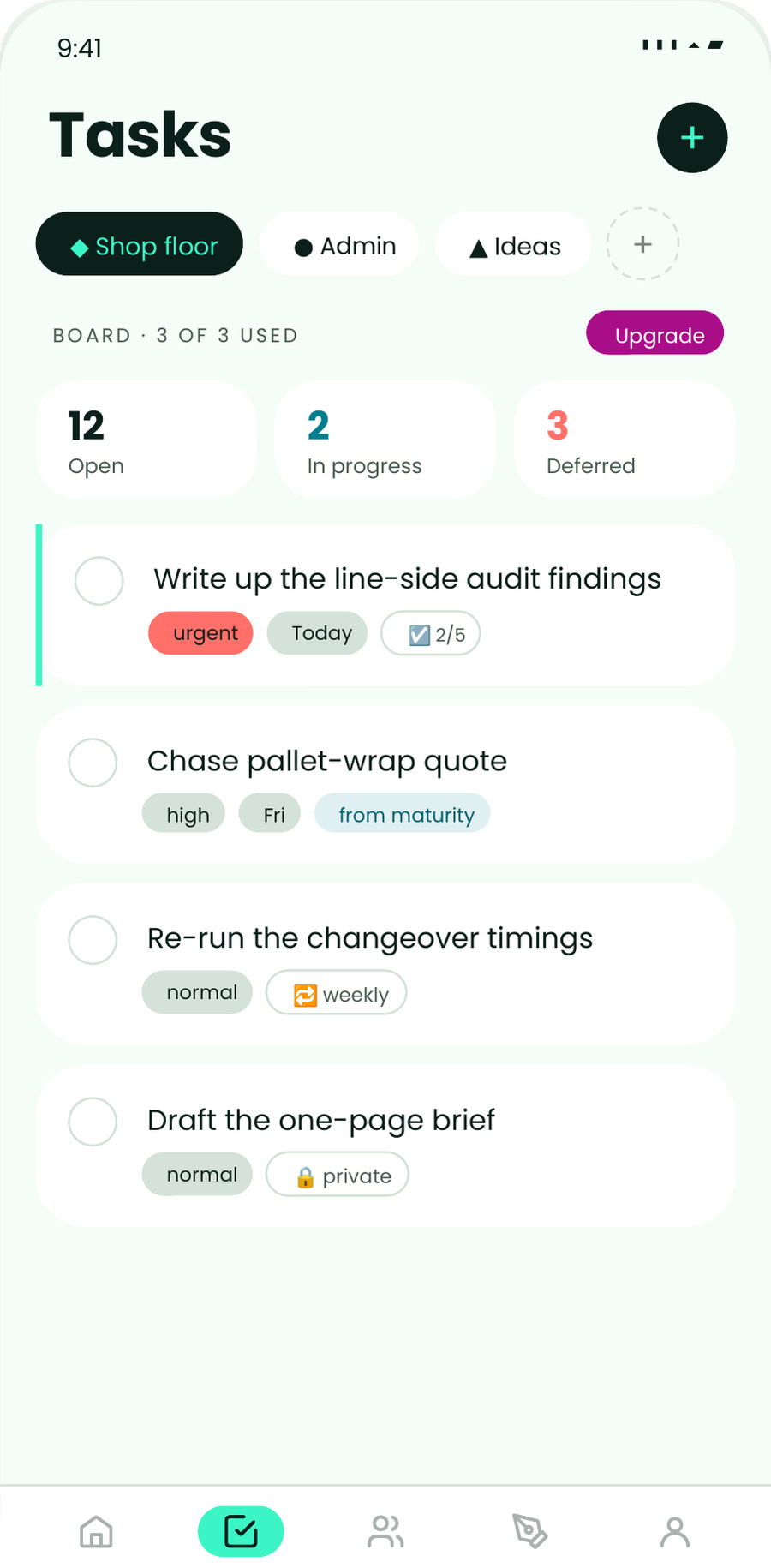 A myopx task board on a phone, with checklists, due times and priorities