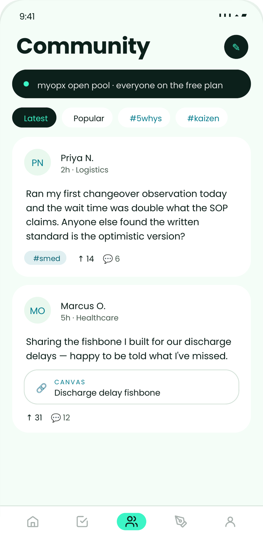 The myopx community pool on a phone, showing posts with each author's sector beside them