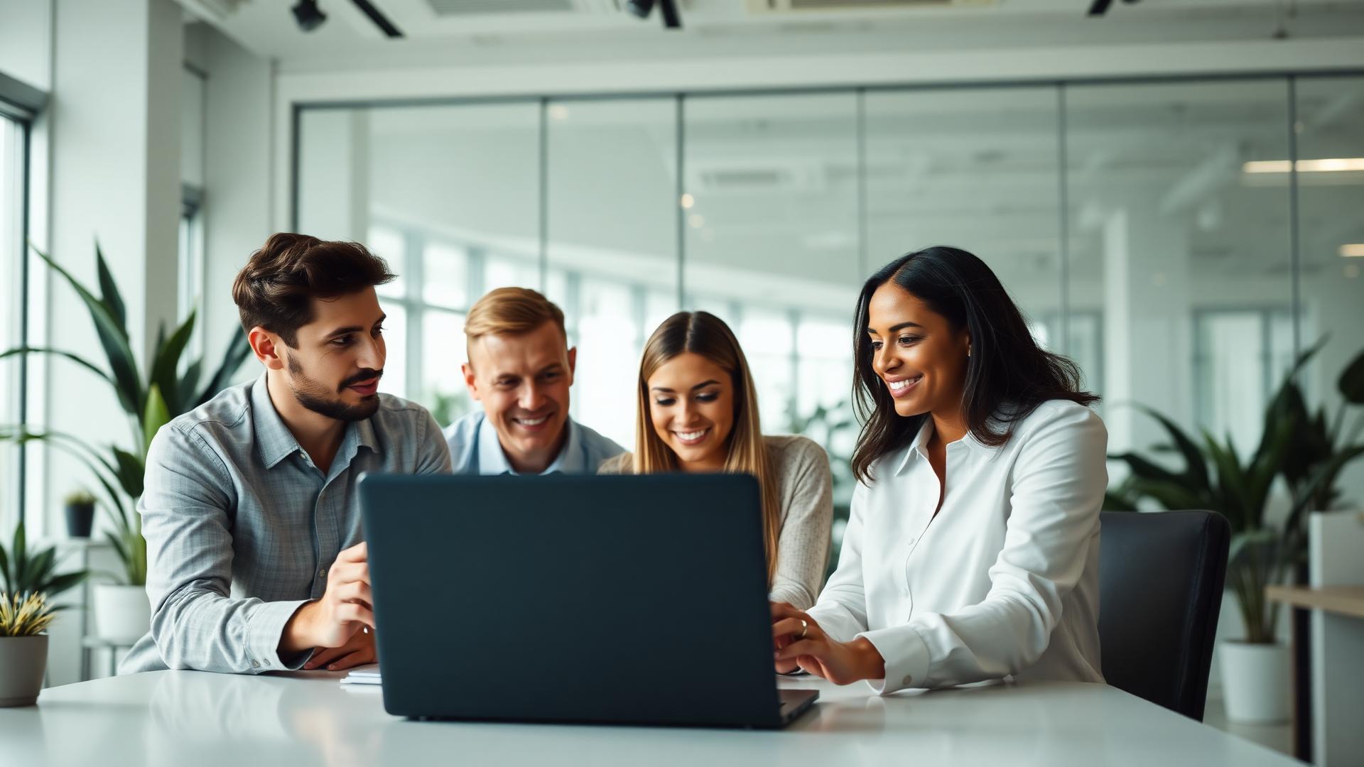 Team collaborating around a laptop in a modern office