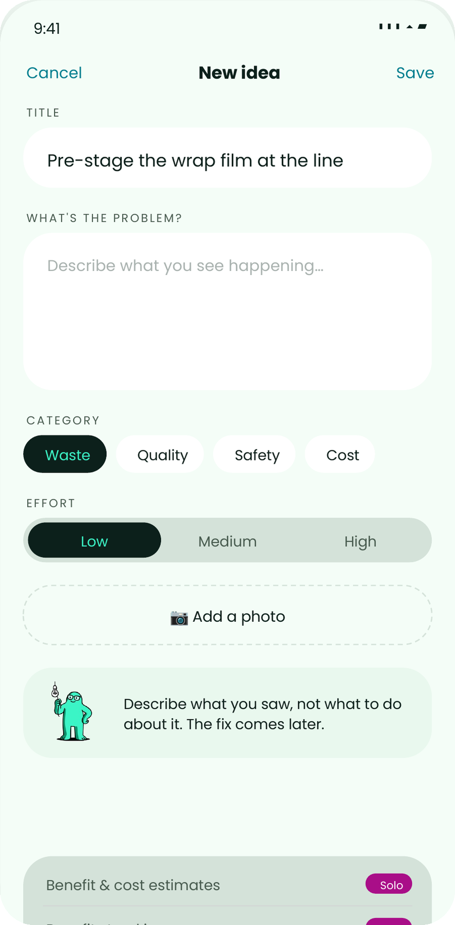 The myopx idea capture screen on a phone, with fields for title, problem, category and effort