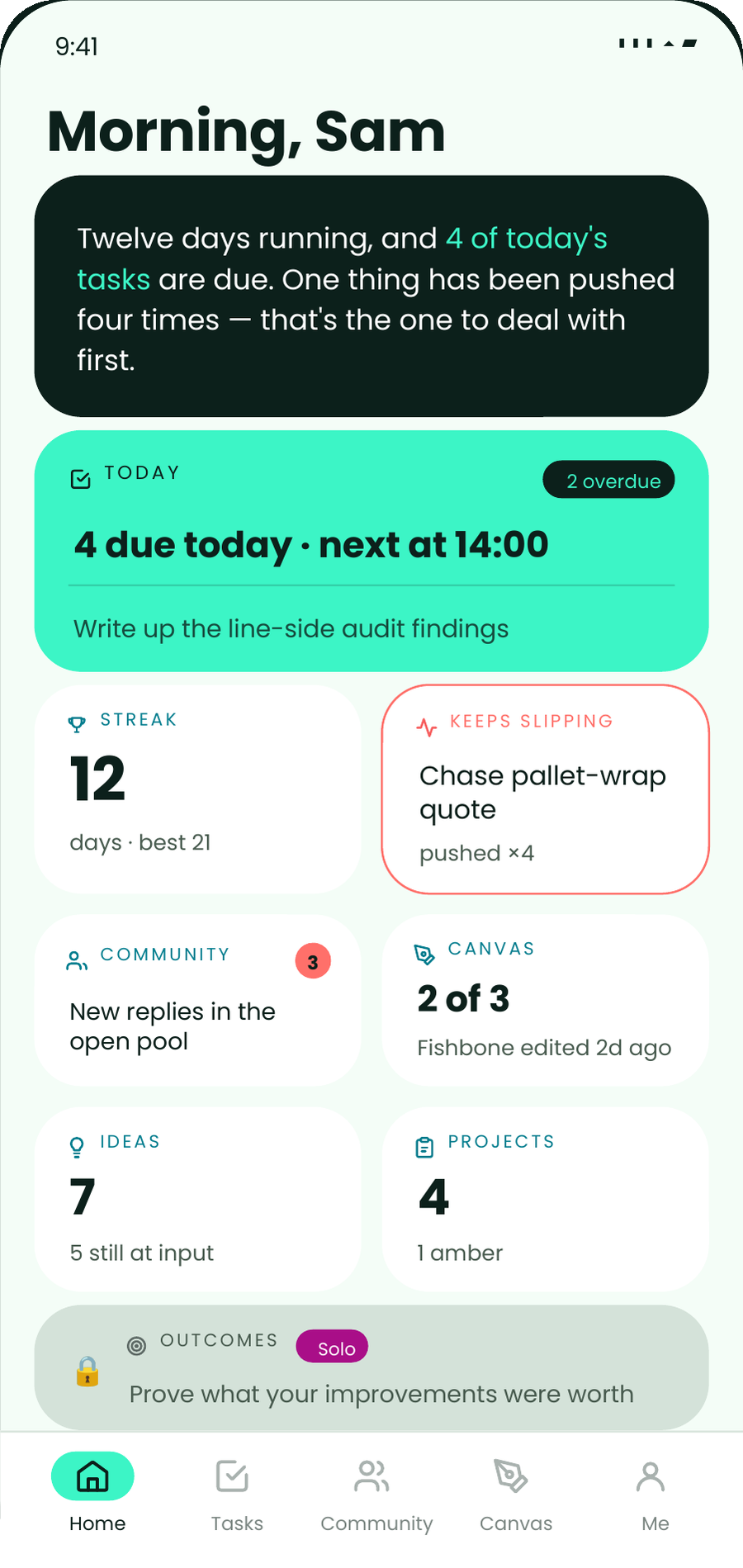 The myopx home screen on a phone, reading your position in a sentence above tiles for tasks, ideas, canvases and projects