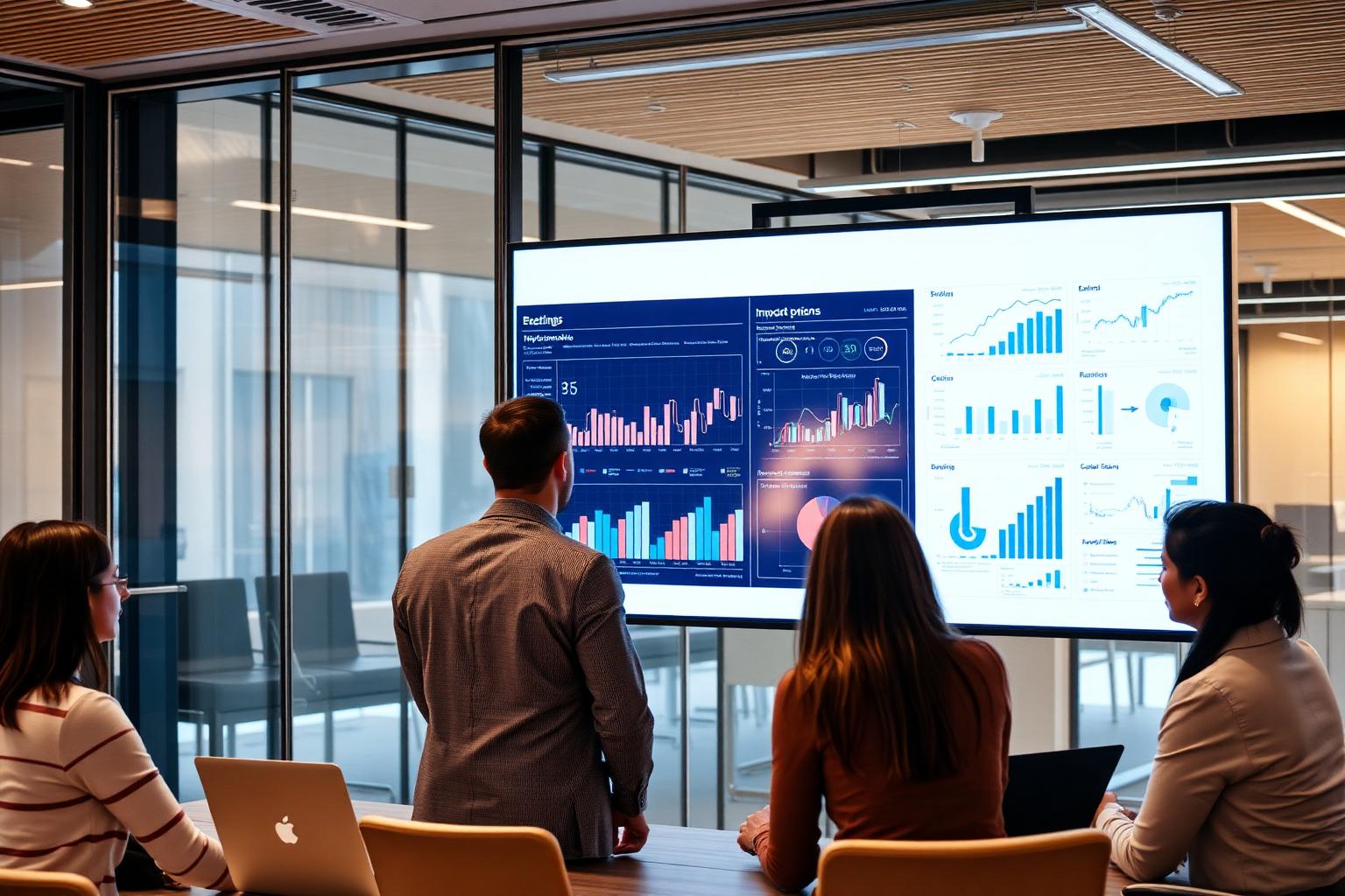 Business team reviewing performance dashboards in a modern corporate office