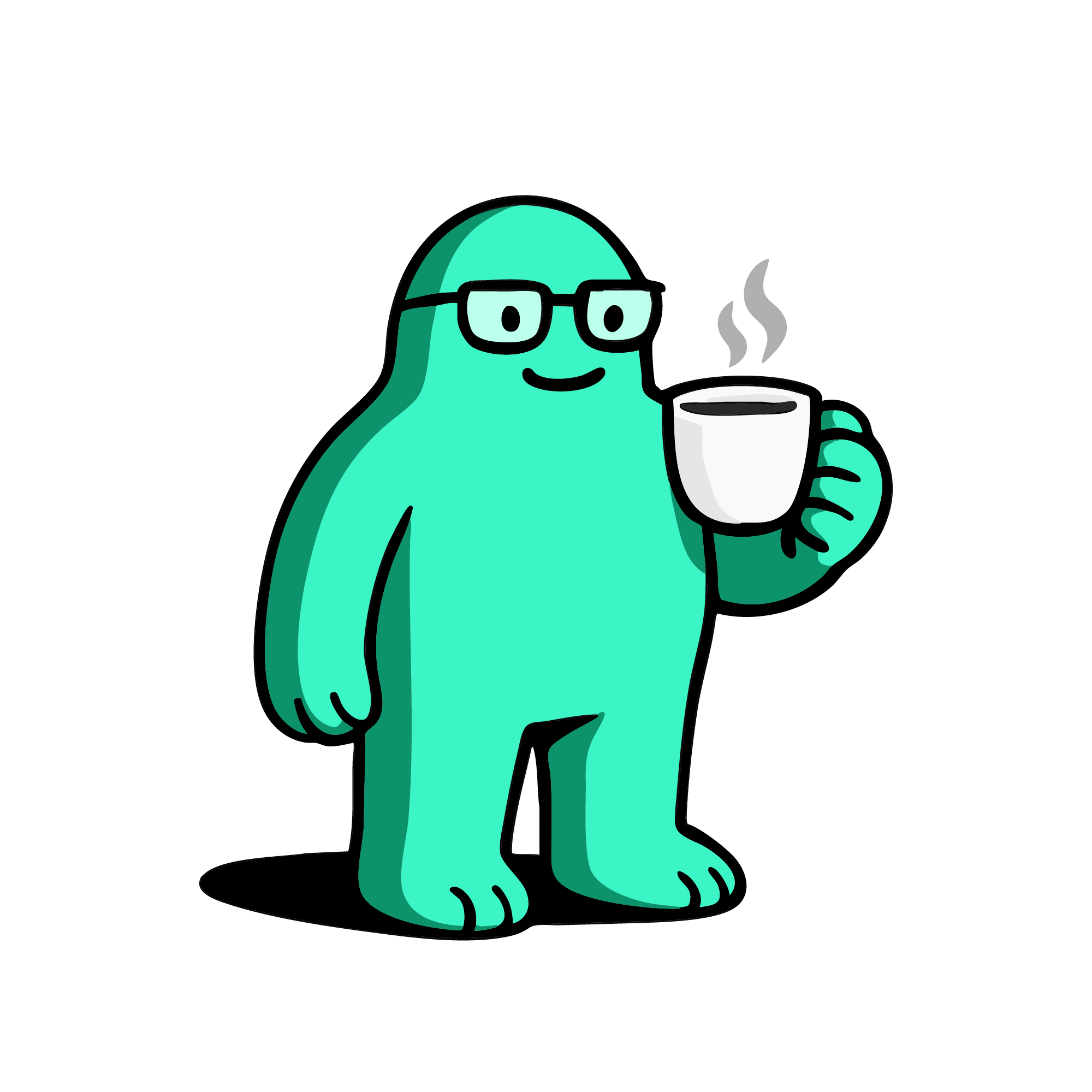 myopx character relaxing with a cup of tea