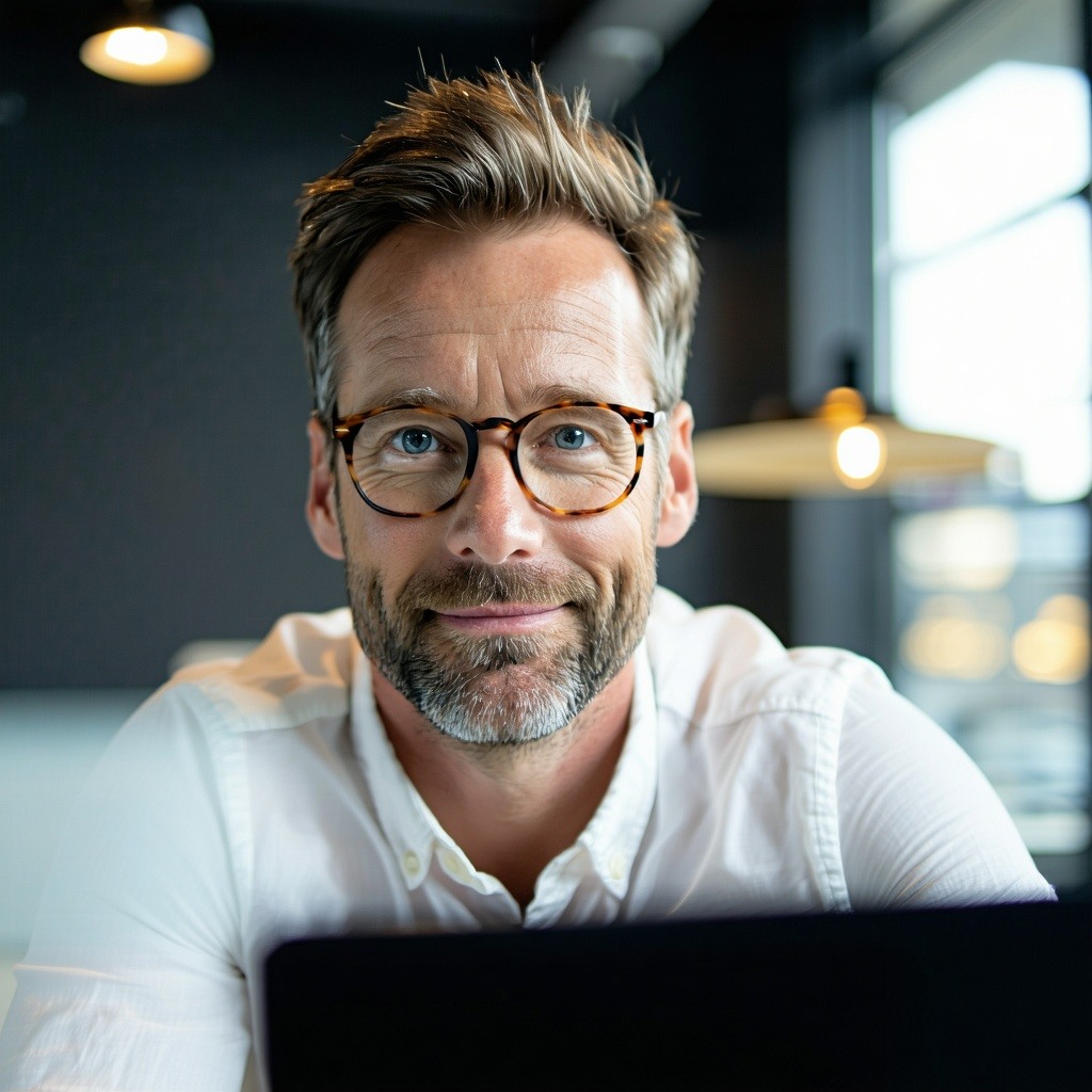 close up photograph of a successful change management consultant looking at the camera sat behind a desk-1